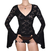 90s Black Lace Bell Sleeve Blouse (XS)