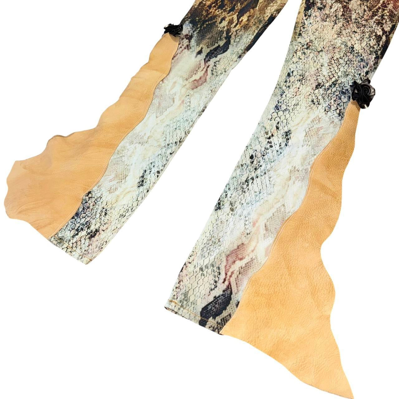 Raw Leather Hem Snakeskin Flare Jeans (XS)