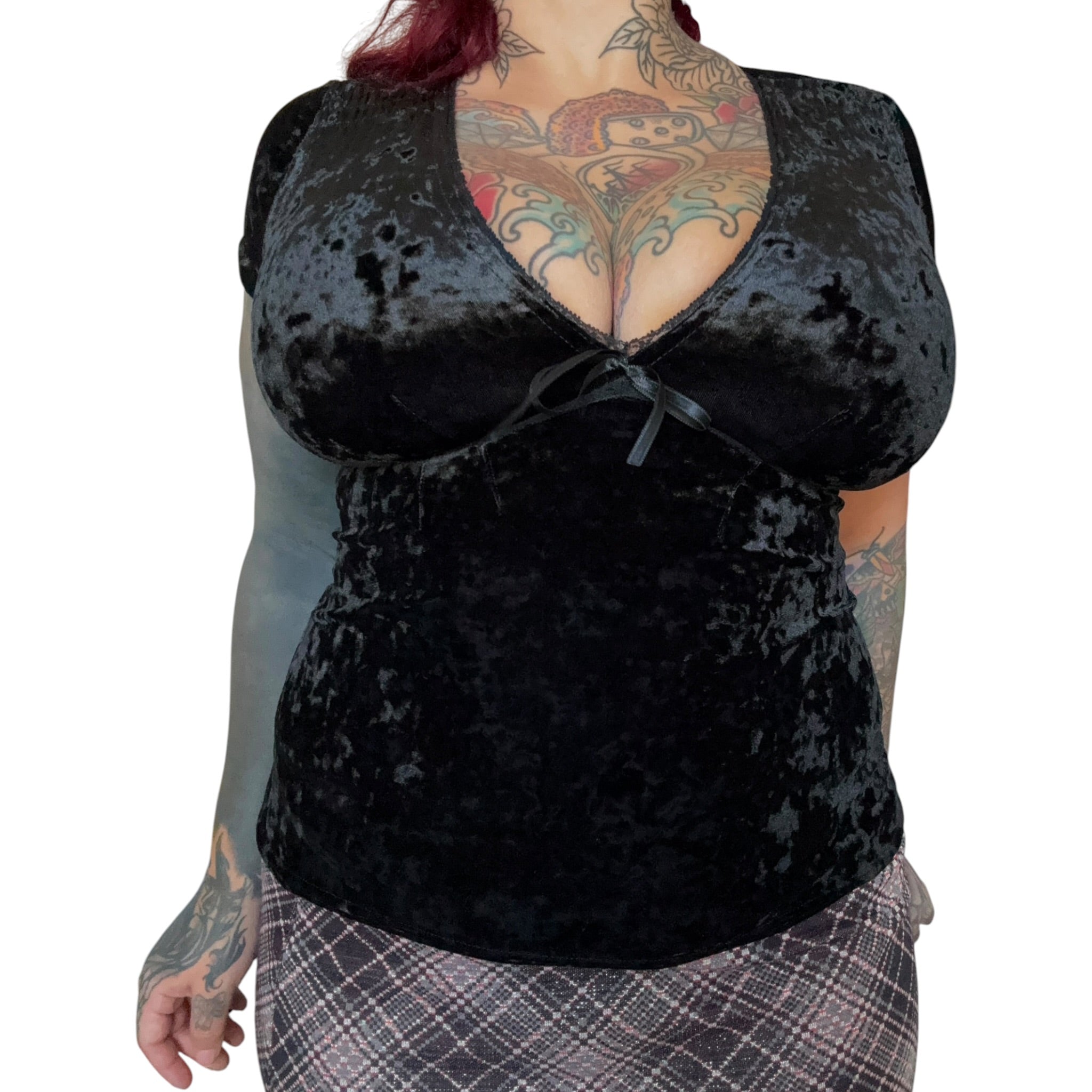 Euro vintage black crushed-velvet babydoll top (S)