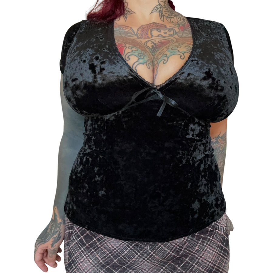 Euro vintage black crushed-velvet babydoll top (S)