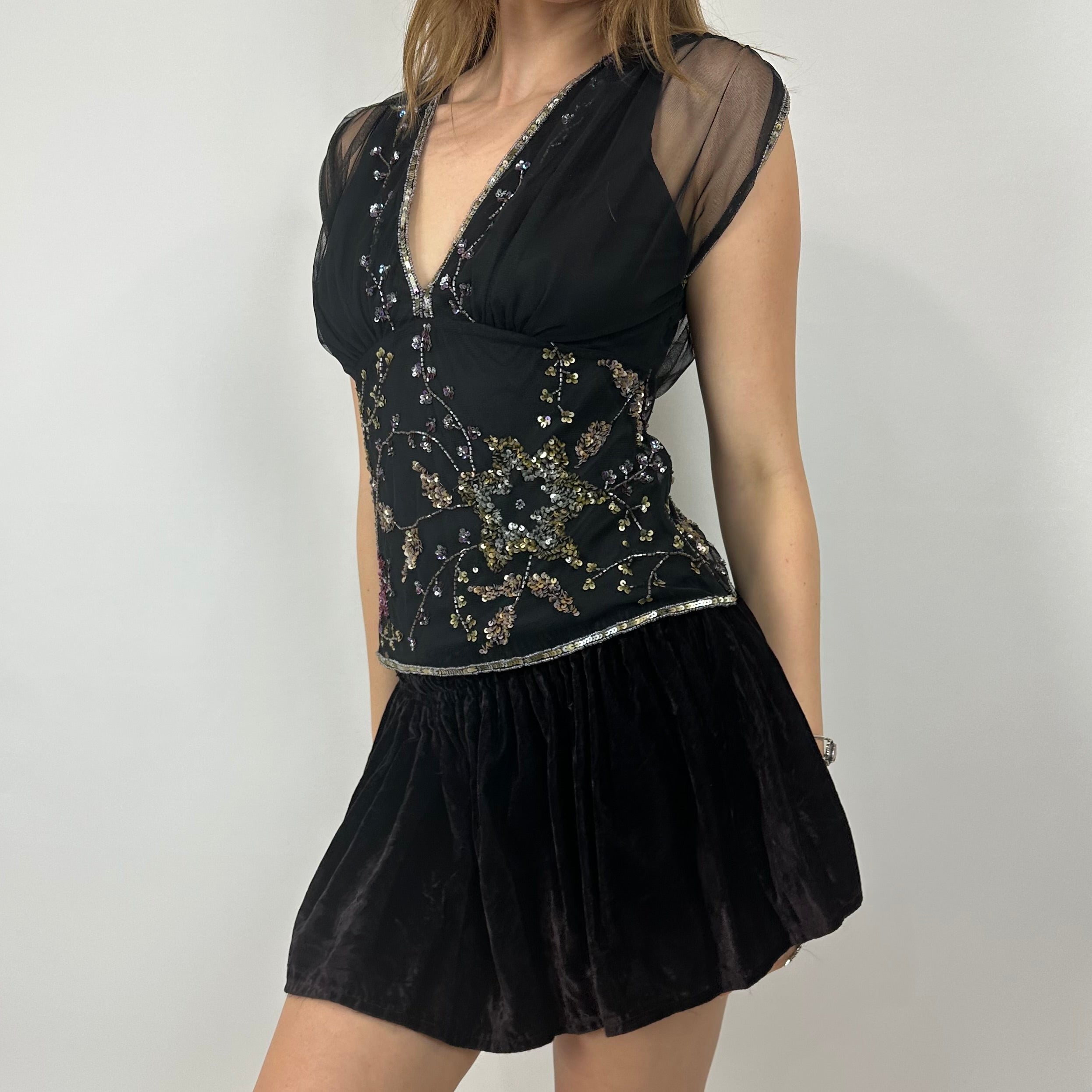 90s Beaded Mesh Overlay Beaded Top (M)
