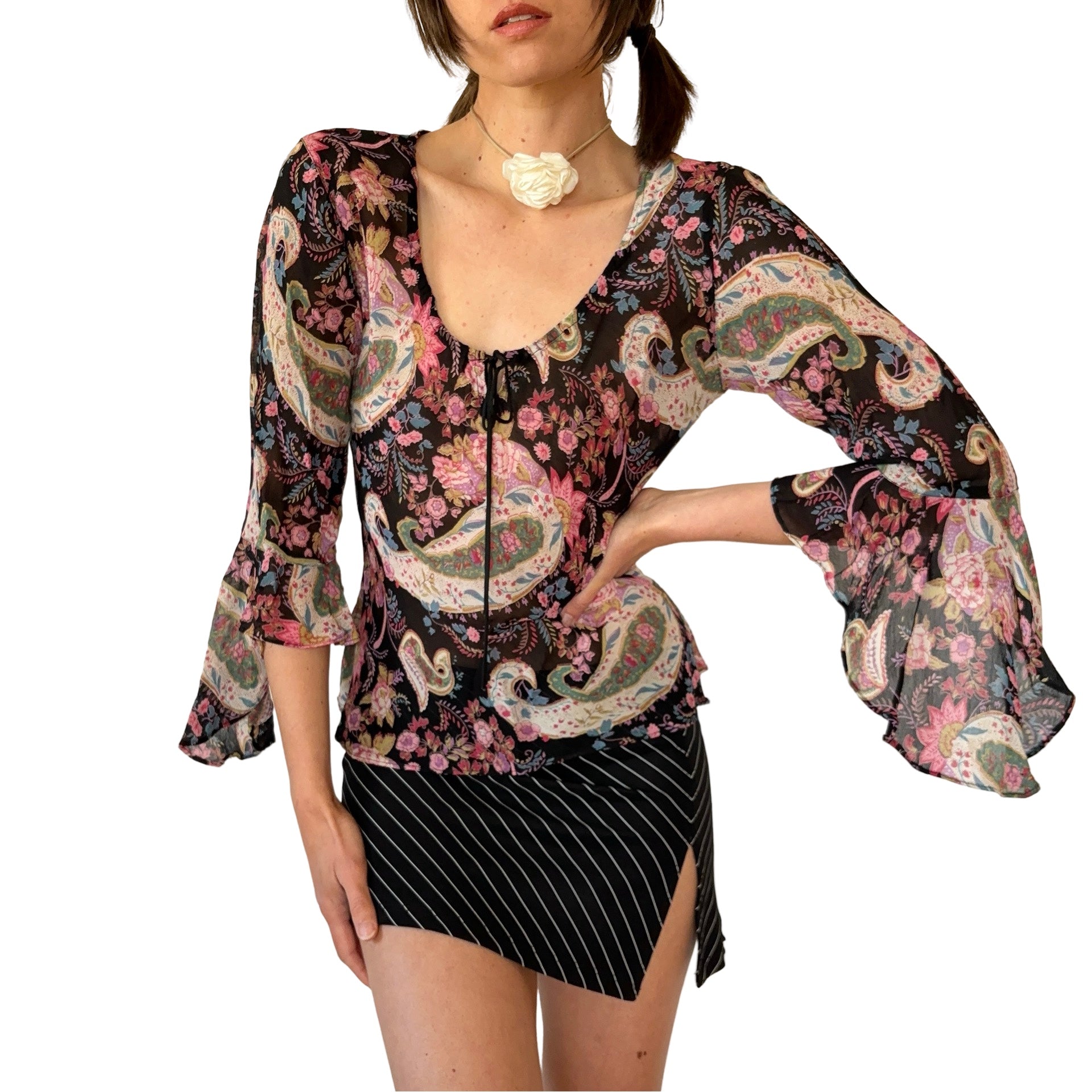90s Floral Bell Sleeve Top (S)
