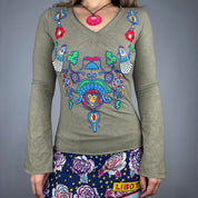 Butterfly & Floral Embroidered Bell Sleeve Top (M)