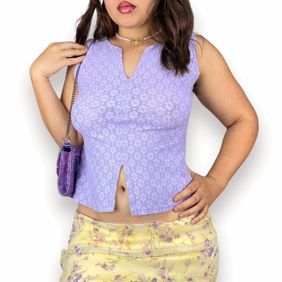 90s Lilac Lace Split Hem Top (L)