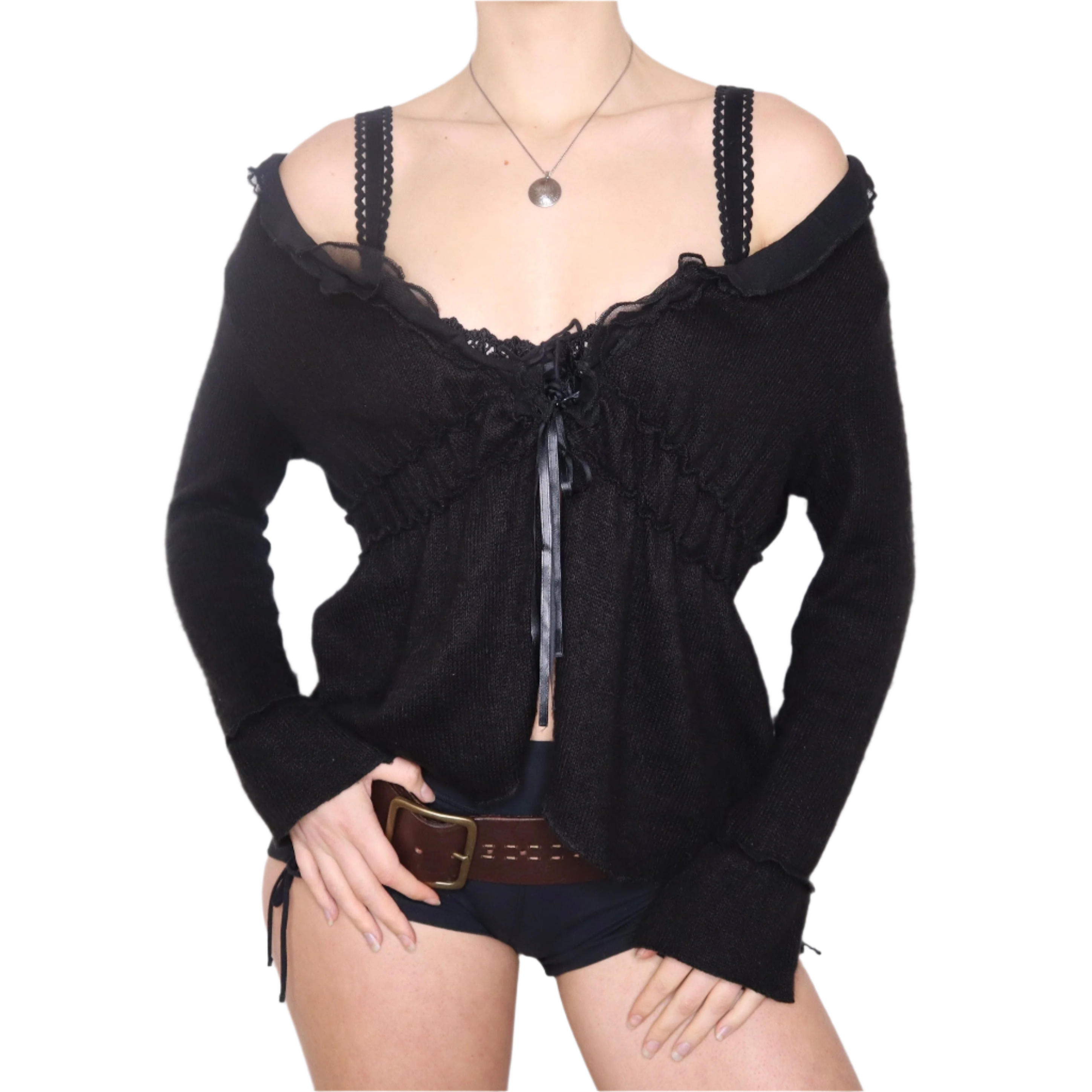 Y2K Italian Fuzzy Black Tie Up Cardigan (L/XL)