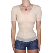 90s Cream Pointelle Hearts Tee (S/M)