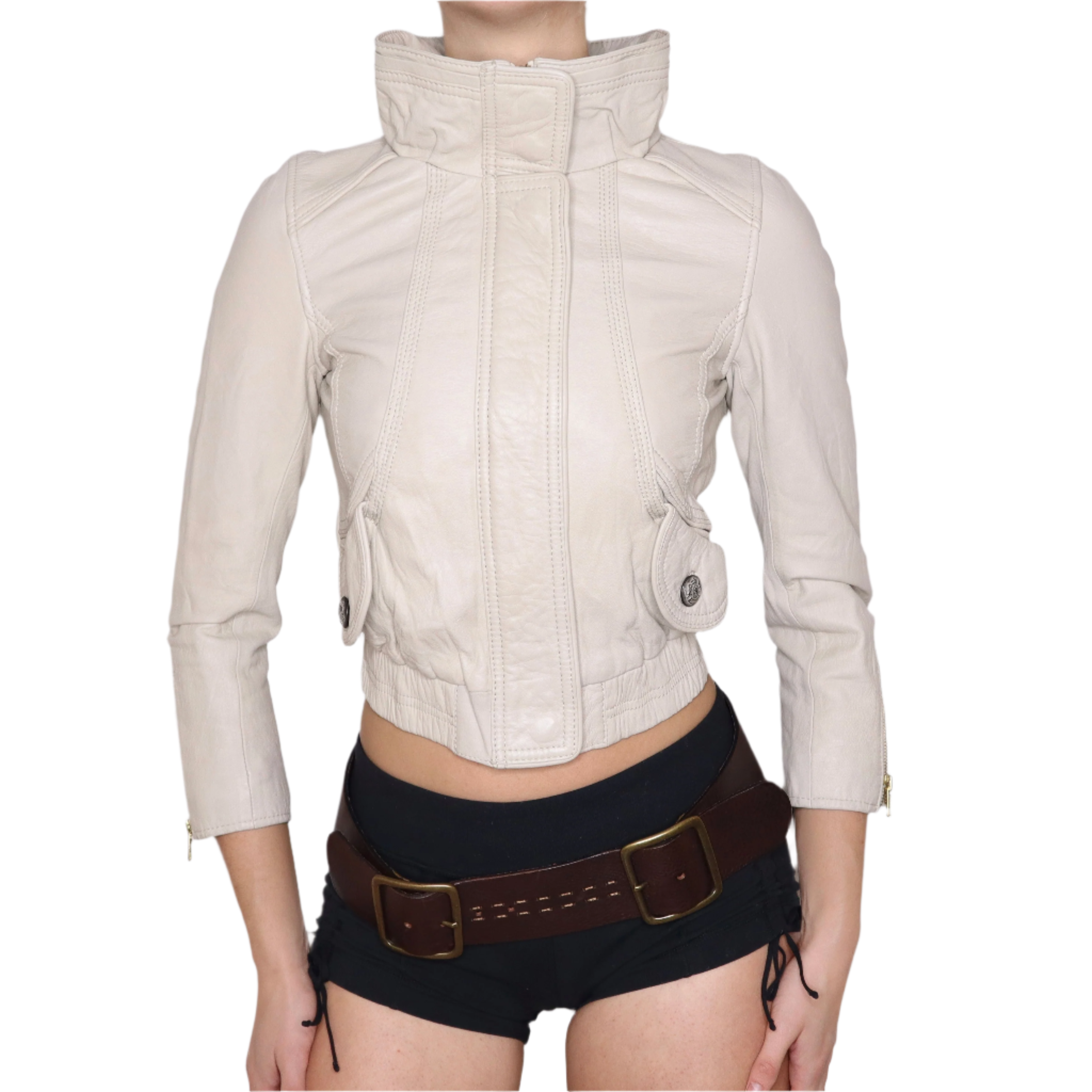 Y2K Cream Leather Cropped Jacket (XS)