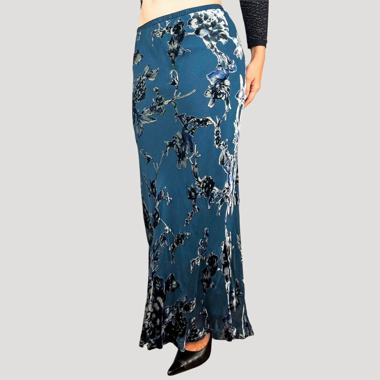 90s Teal Silk Floral Maxi Skirt (L/XL)