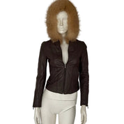 Fitted Brown Leather Jacket with Fur Hood (XS)