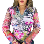 90s Psychedelic Floral Mesh Sleeve Top (L)