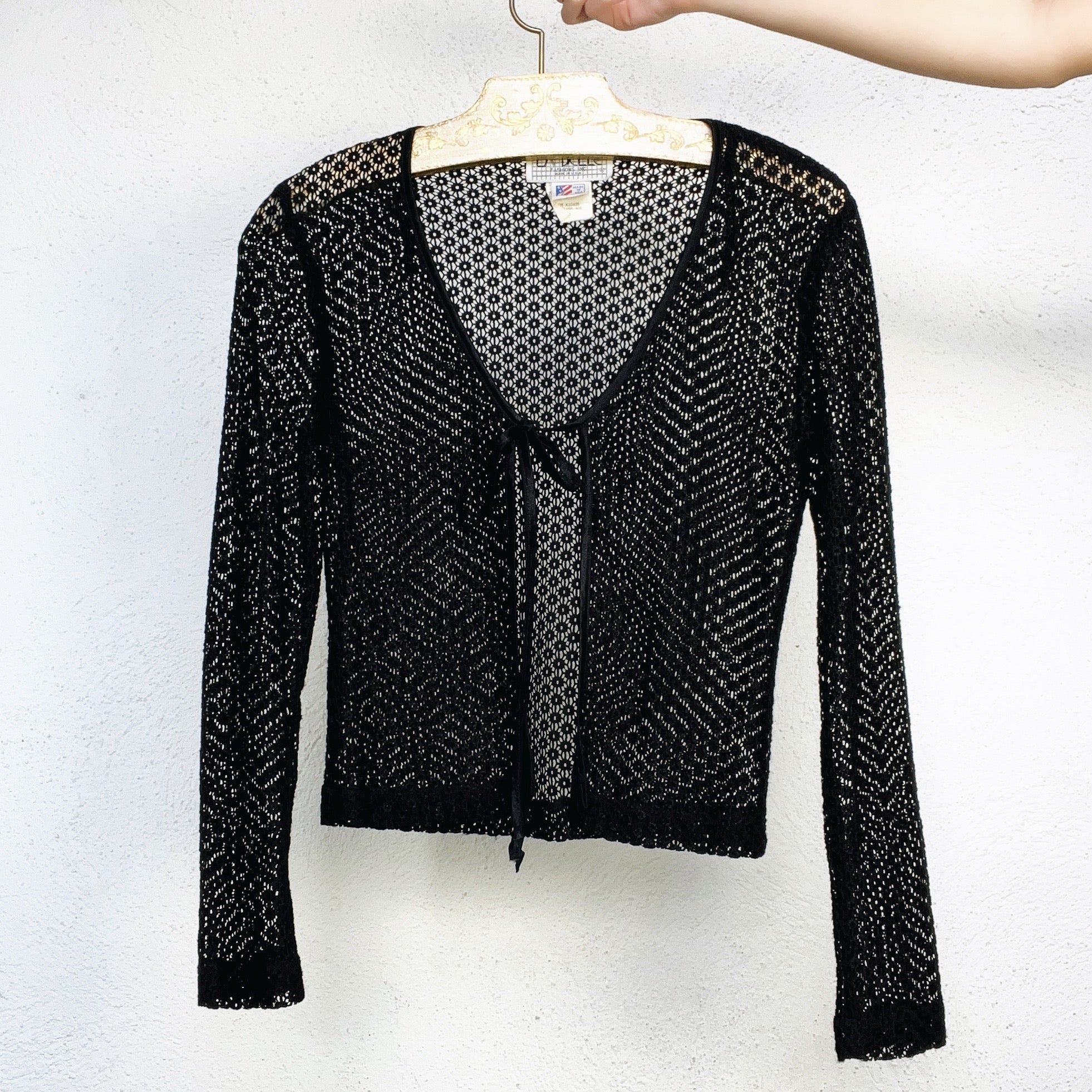 90s Sheer Black Tie-Front Cardi (S)