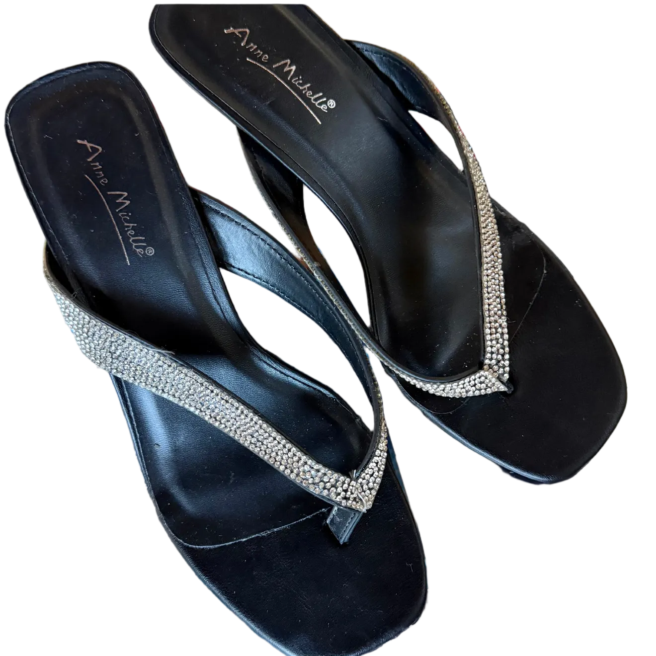 Anne Michelle Thong Kitten Heels With Rhinestones (8.5)