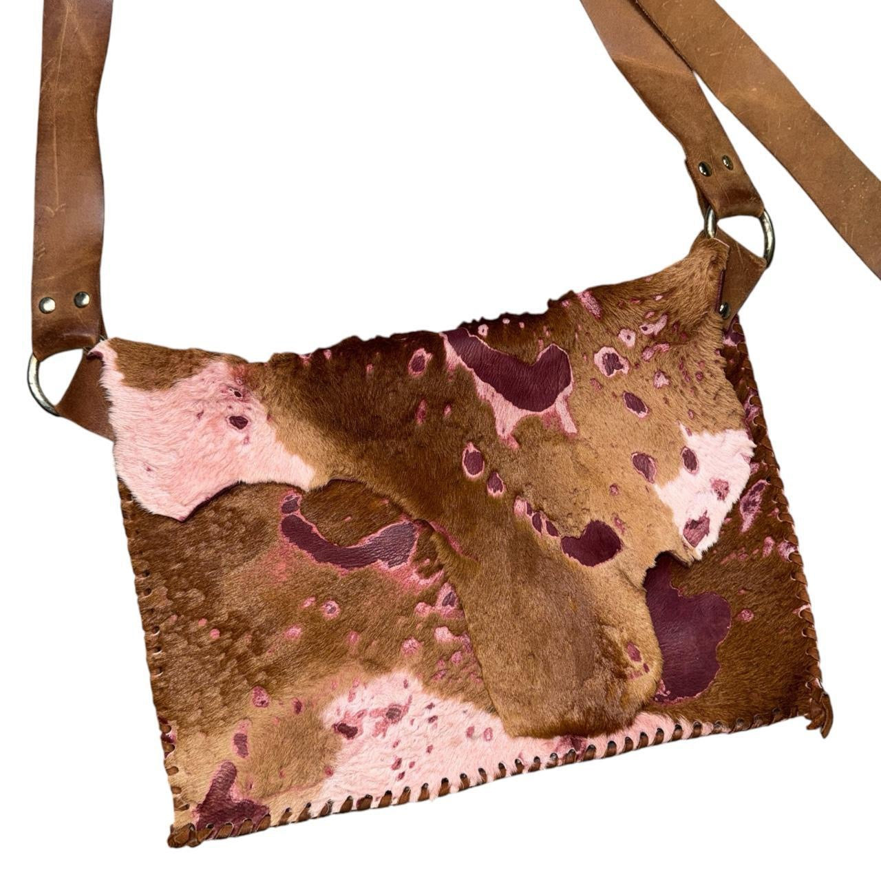 Brown & Burgundy Raw Leather Cowhide Satchel Bag