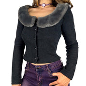 90s Faux Fur Collar Cardigan (S/M)