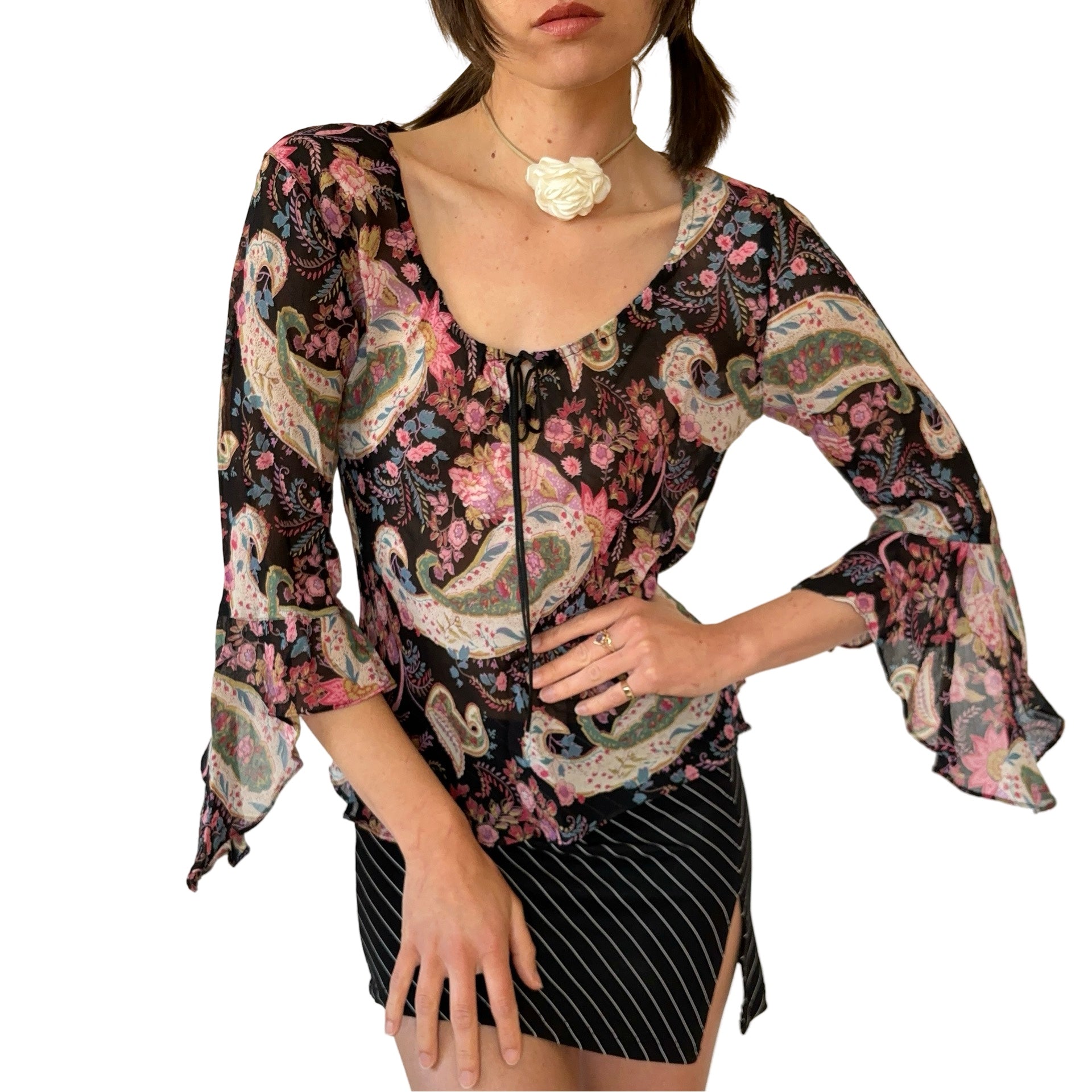 90s Floral Bell Sleeve Top (S)