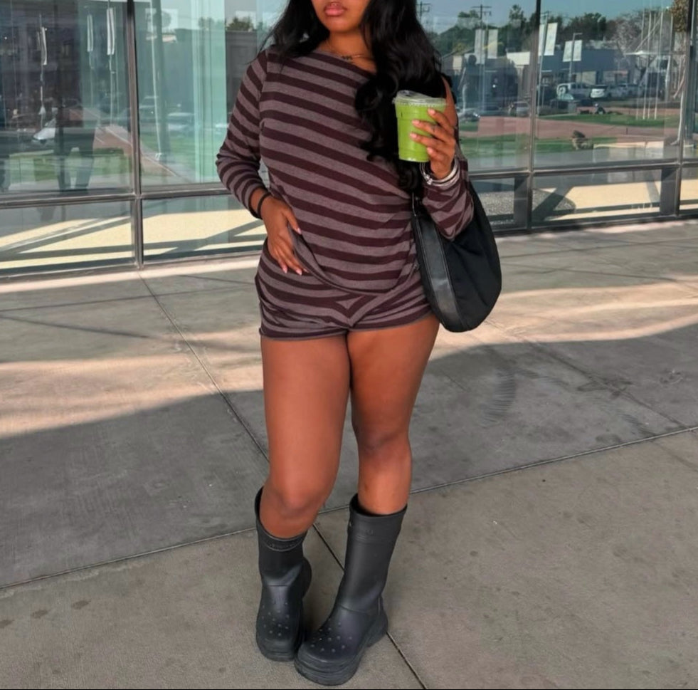 Chocolate Brown Striped Sweater Shorts (XS-XL)