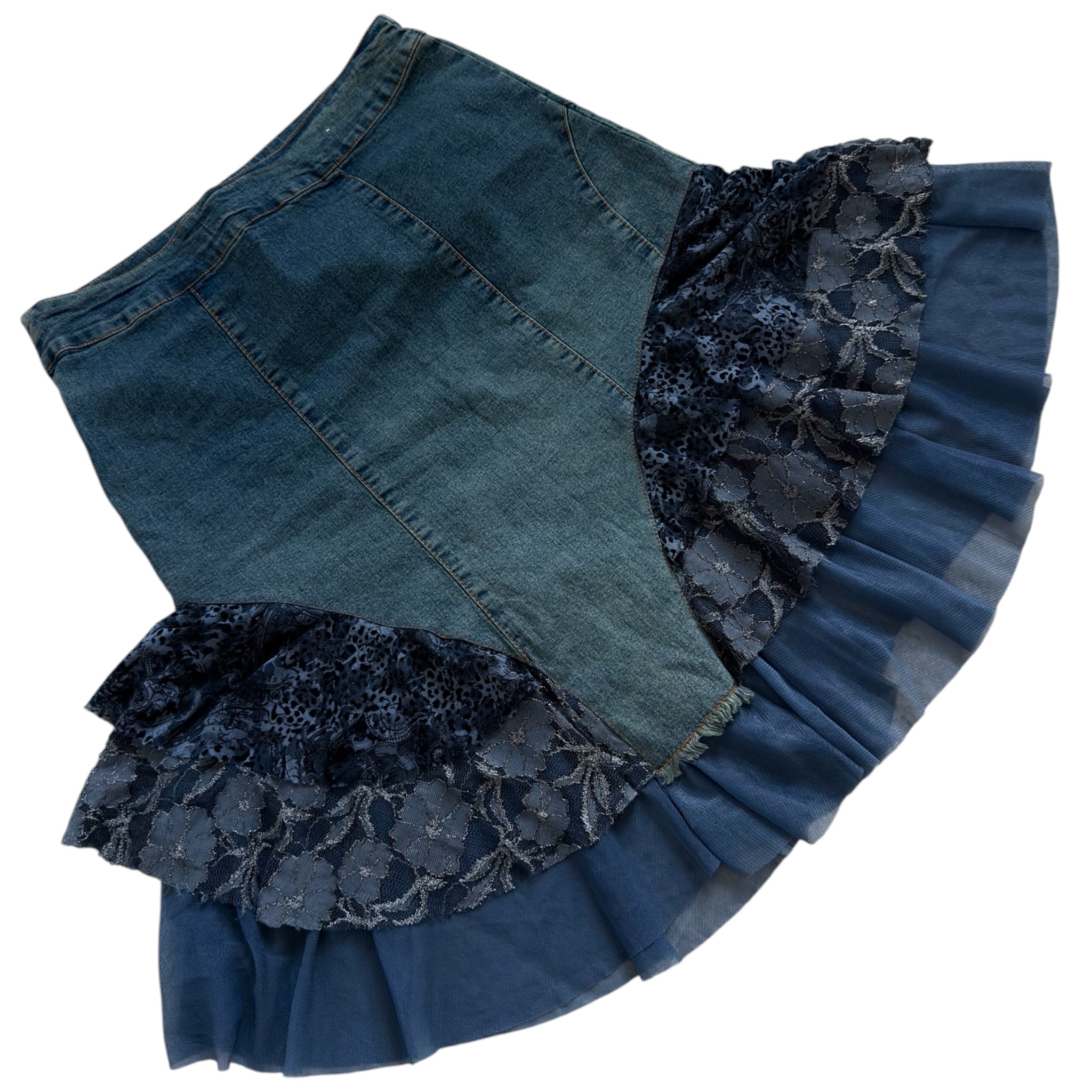 vintage tiered denim lace midi skirt (M)