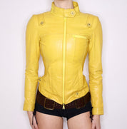 Y2K Sexy Yellow Leather Moto Jacket (XXS)