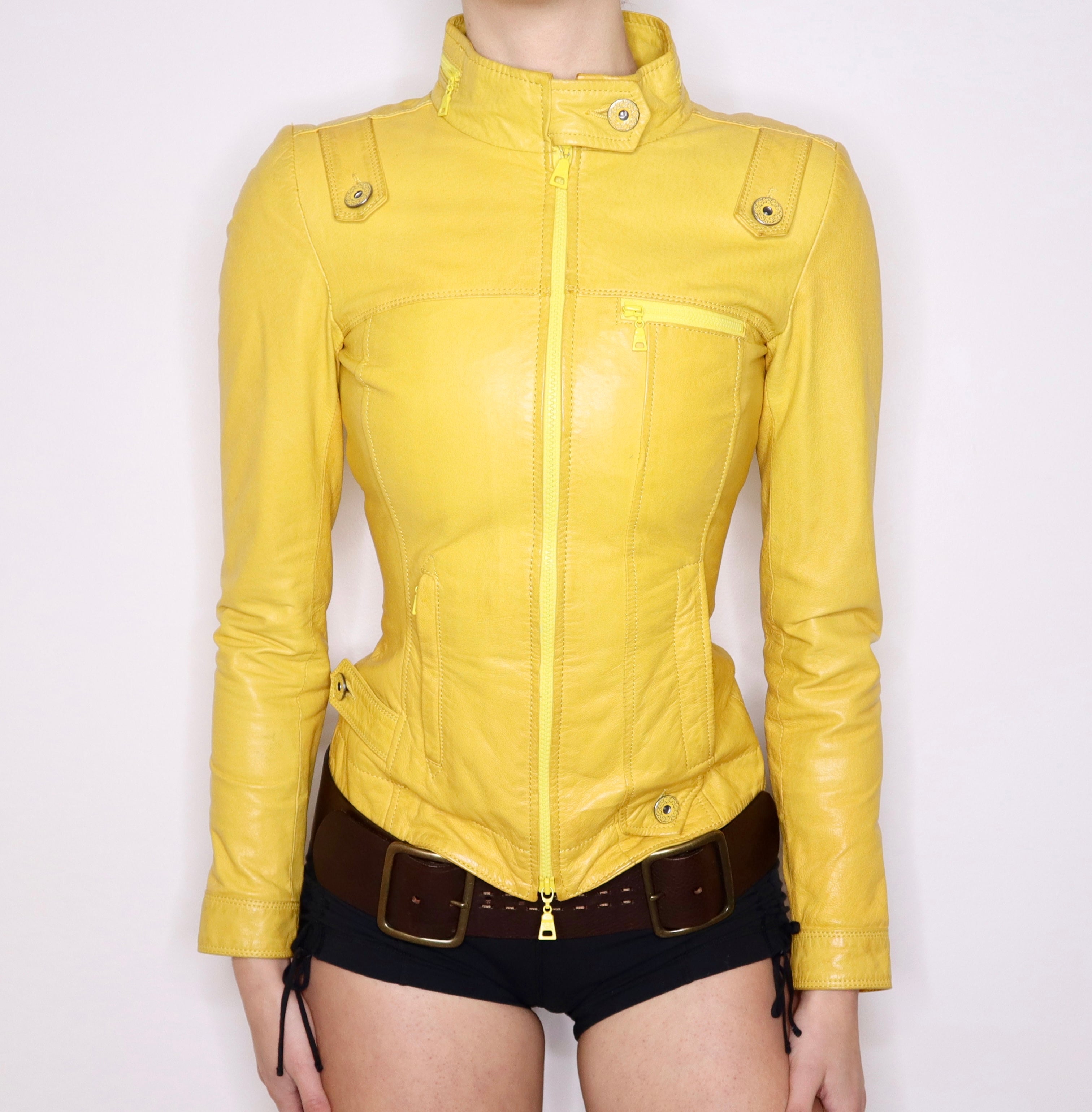 Y2K Sexy Yellow Leather Moto Jacket (XXS)