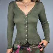 Euro Vintage Moss Green Lace Trim Cardigan (XS/S)