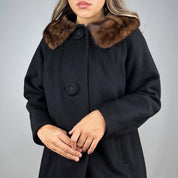 1960s Black Wool Coat with Fur Collar (L)