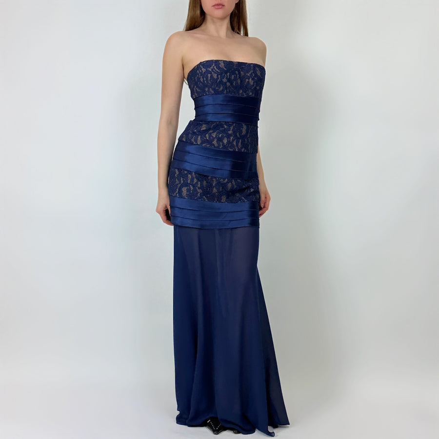 2000s Blue Lace Drop Waist Gown S