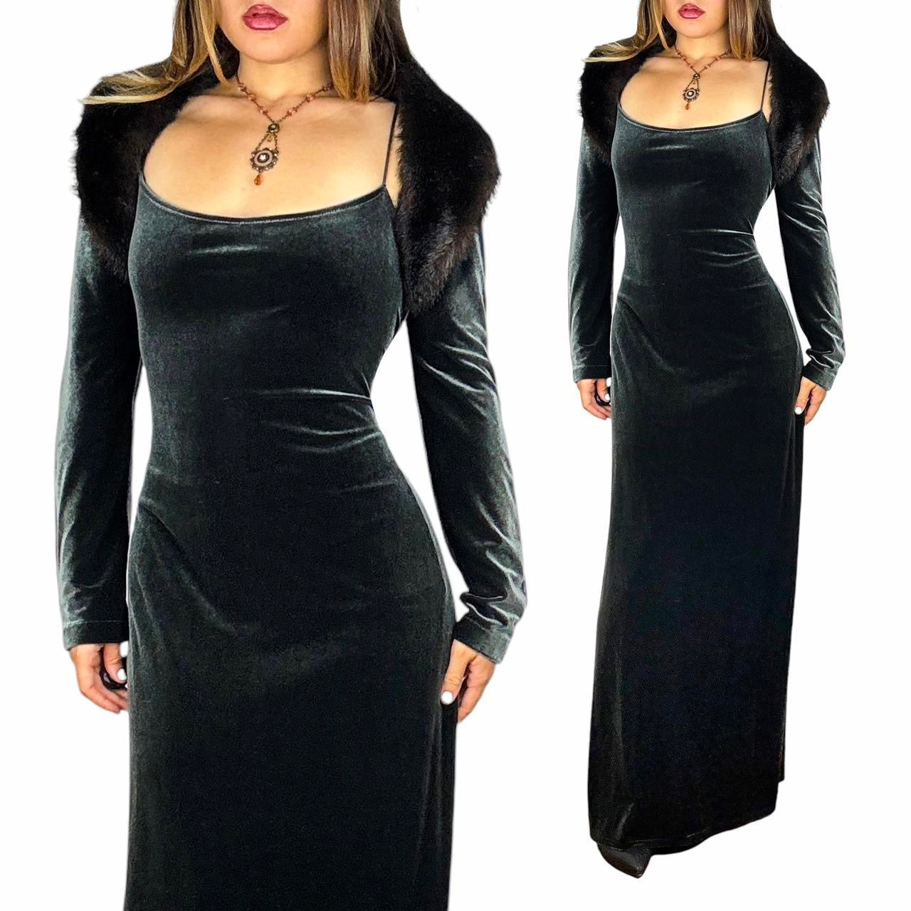 90s Velvet Gown & Fur Trim Bolero Set (L)