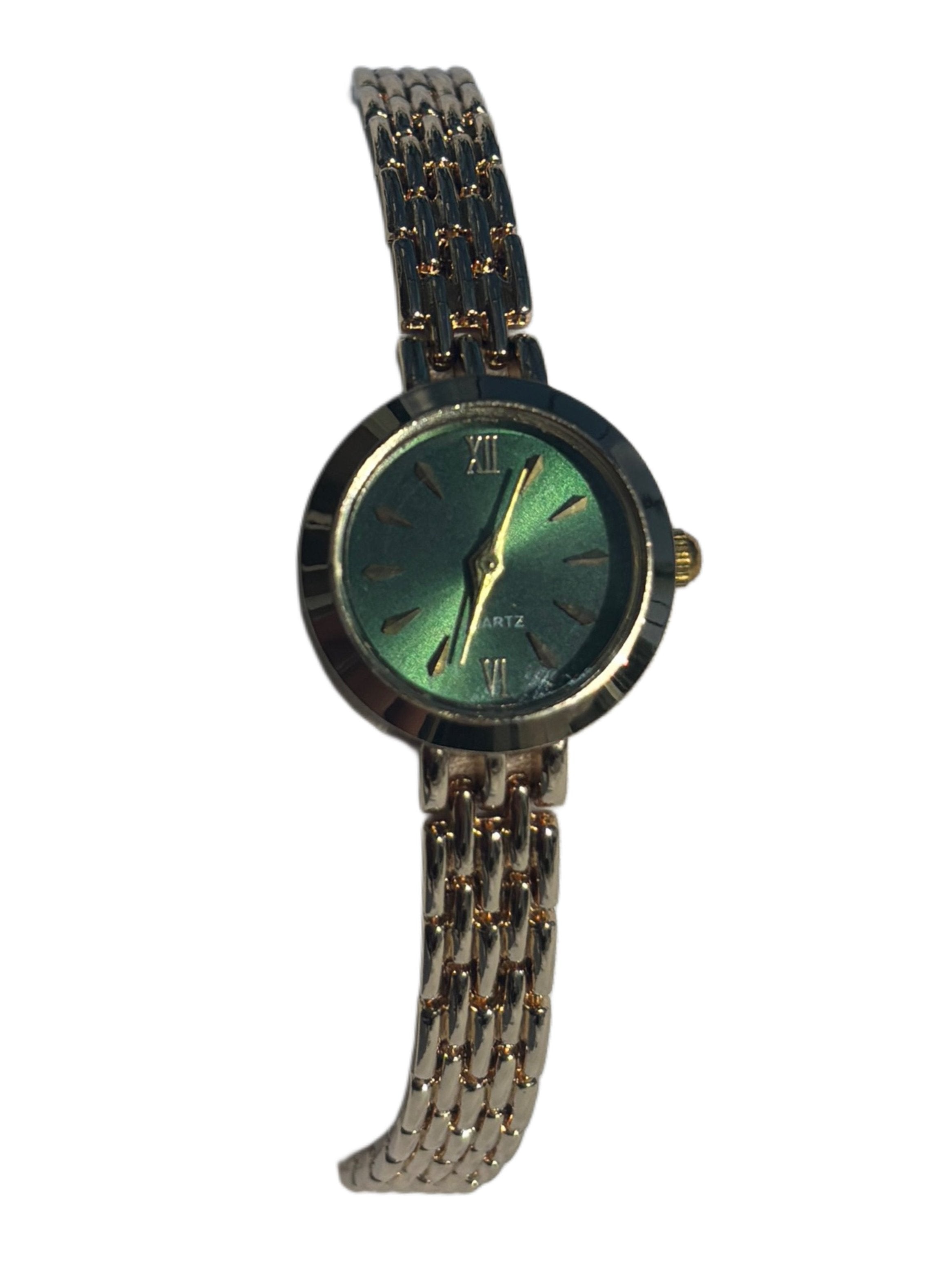 dainty 2000s forest green & gold watch