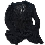 Vintage black ruffle button up blouse S/M)