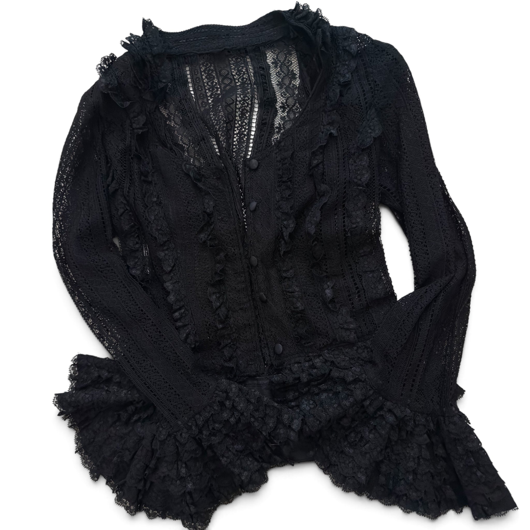 Vintage black ruffle button up blouse S/M)