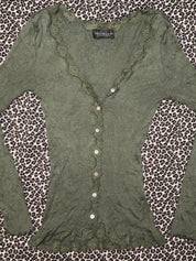 Euro Vintage Moss Green Lace Trim Cardigan (XS/S)