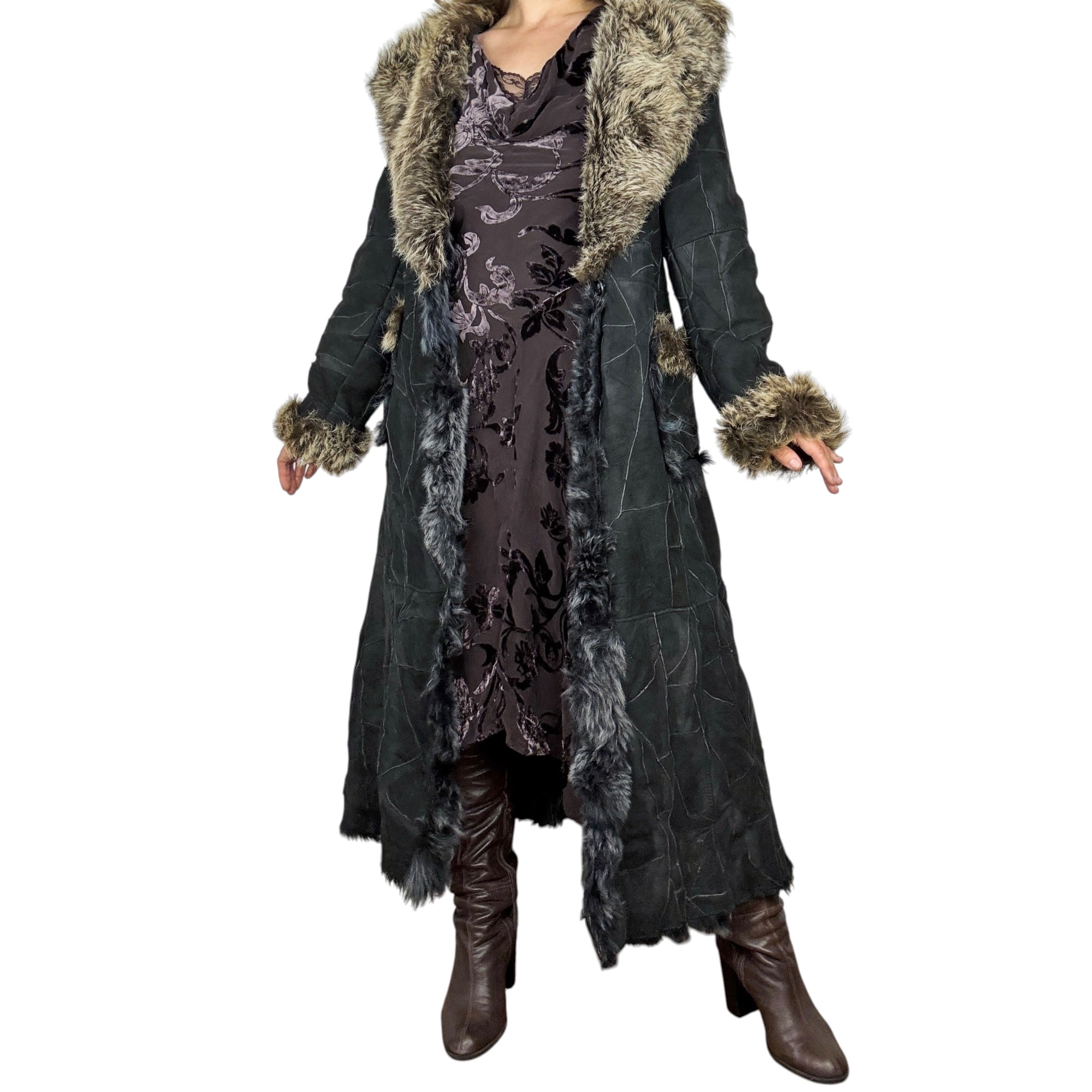 Pablo Valentino Parisian Vintage Fur Trim Suede Leather Patchwork Coat (M/L)