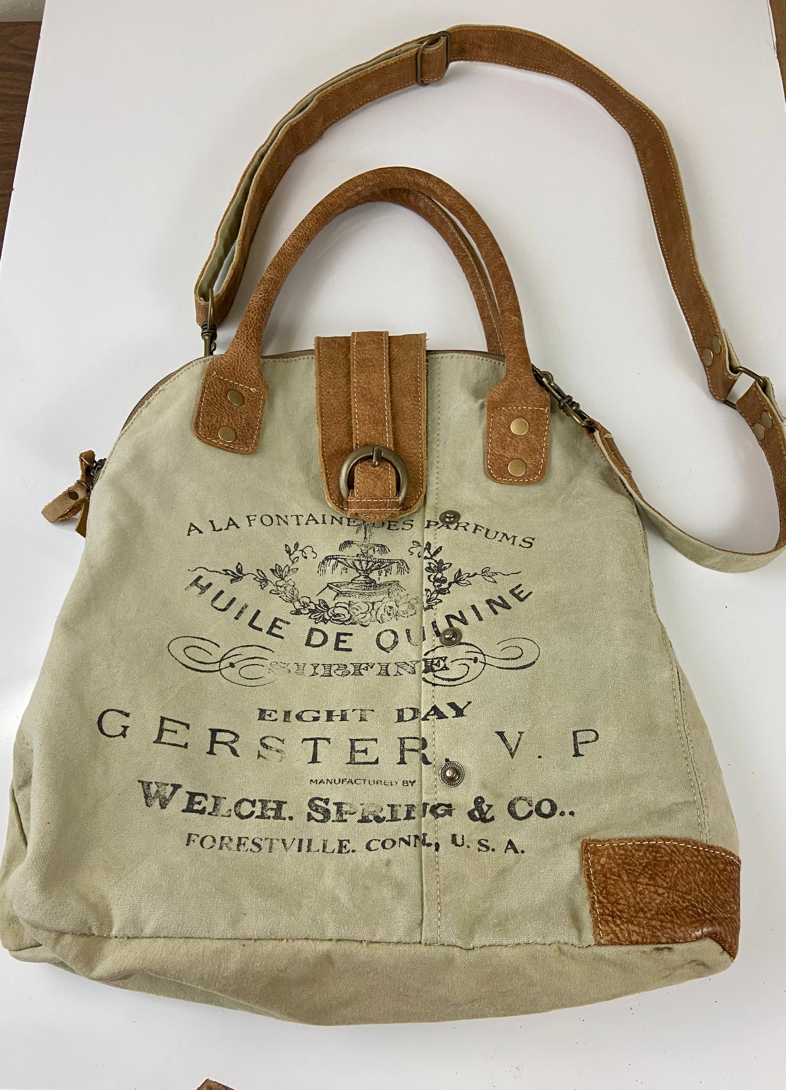 Myra Bag Upcycled Gerster Shoulder Bag Leather Canvas Accents Crossbody Strap