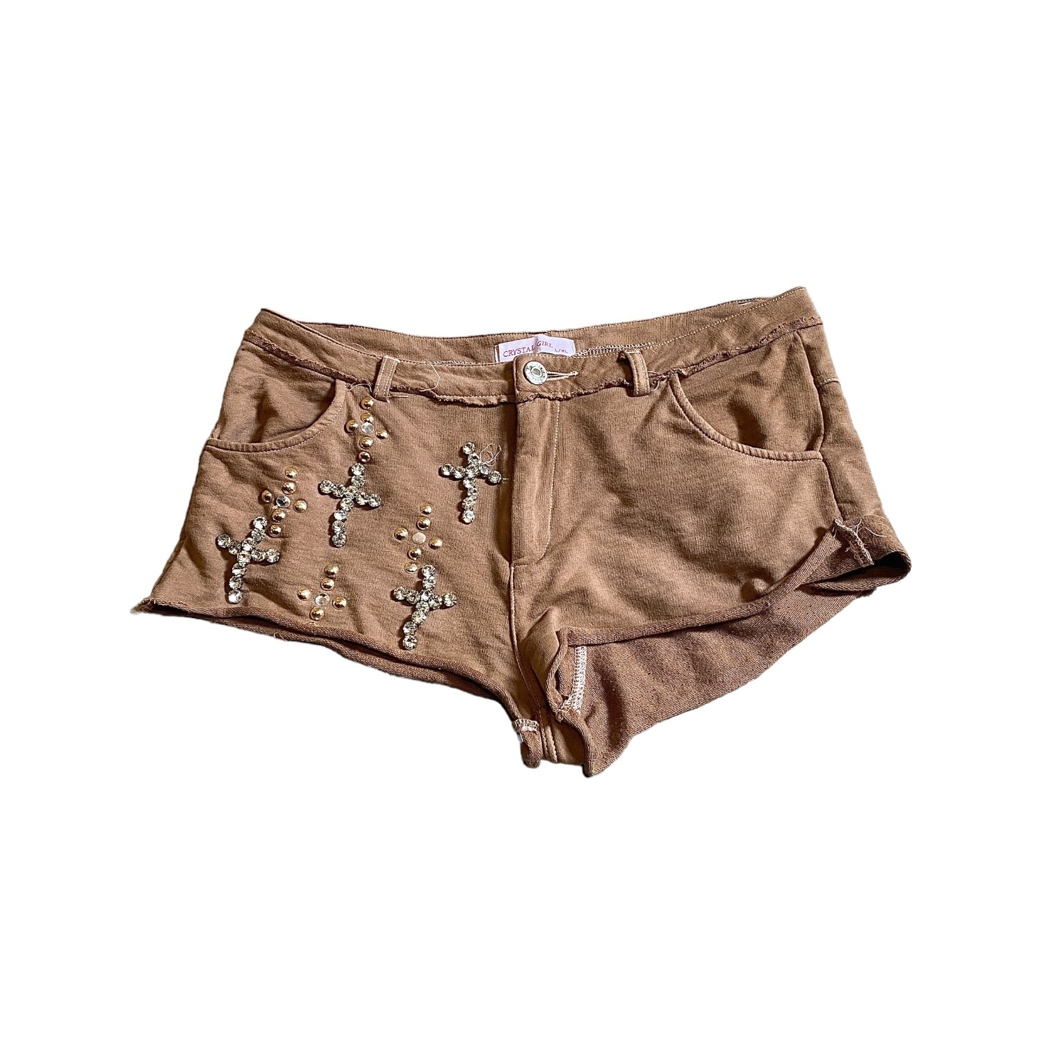 Vintage Rhinestone Crucifix Brown Booty Shorts (S/M)