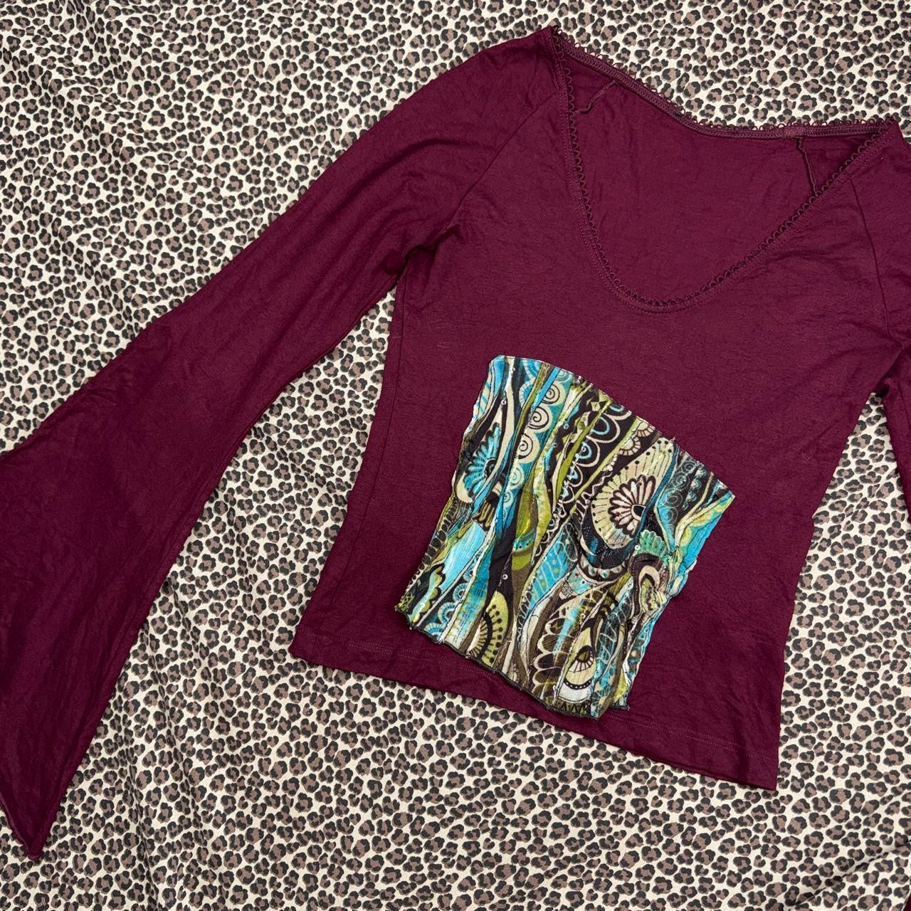 Euro Vintage Burgundy Bell Sleeve Patchwork Accent Top (S)