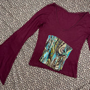 Euro Vintage Burgundy Bell Sleeve Patchwork Accent Top (S)