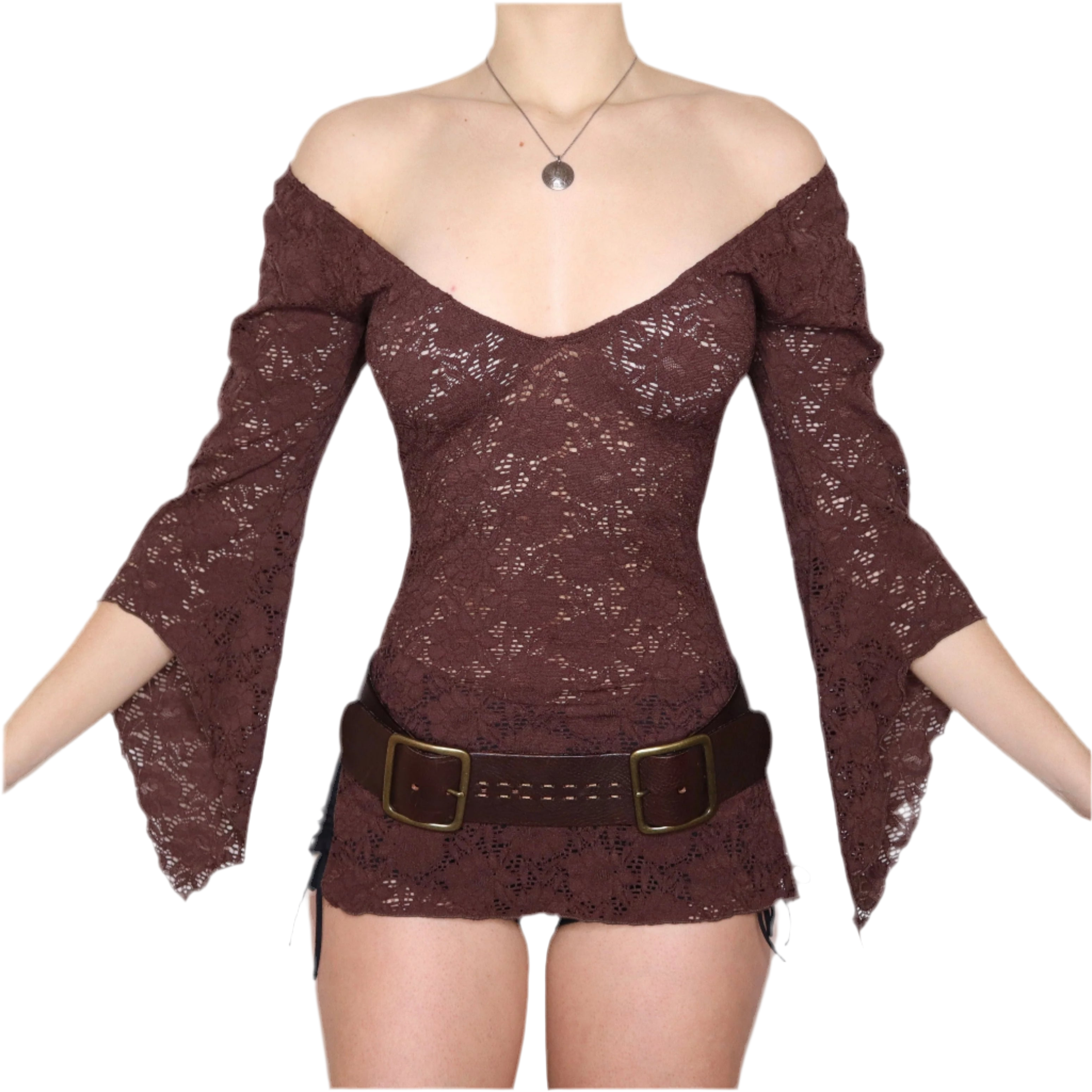 Y2K Brown Lace Boho Blouse (XS/S)