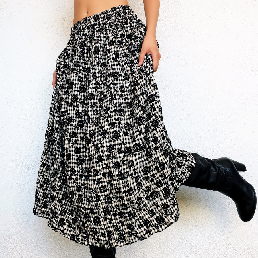 90s Gingham Floral Midi Skirt (M)