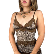 Y2K Lace Trim Leopard Slip Dress (S)