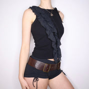 Y2K French Black Mesh Ruffle Tank Top (S)