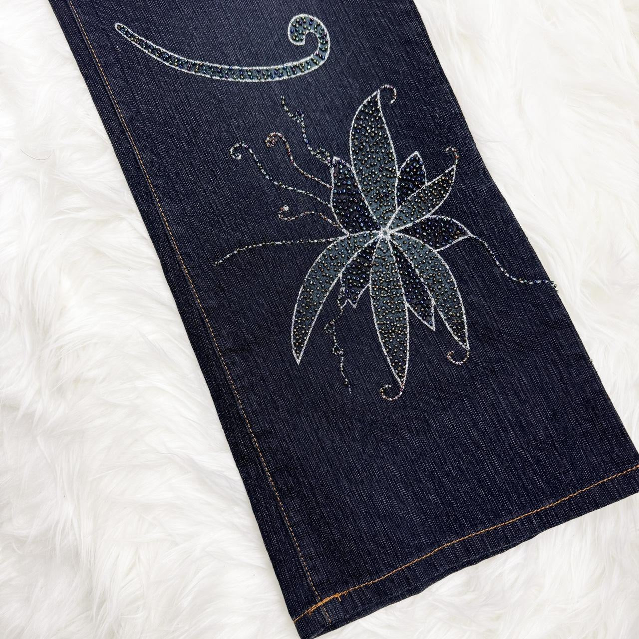 Y2K Beaded Floral Flare Jeans (XL)