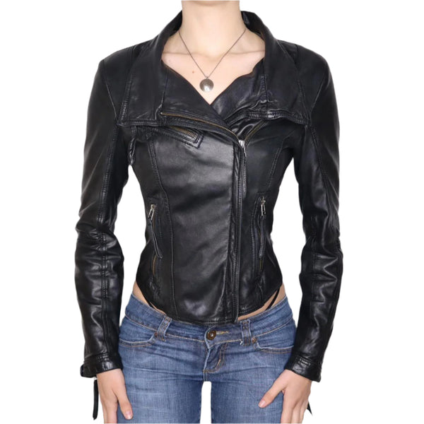 Y2K Sexy Black Leather Moto Jacket (XS) – Holy Thrift