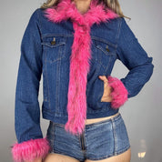 Y2K Faux Fur Trim Denim Jacket (S/M)