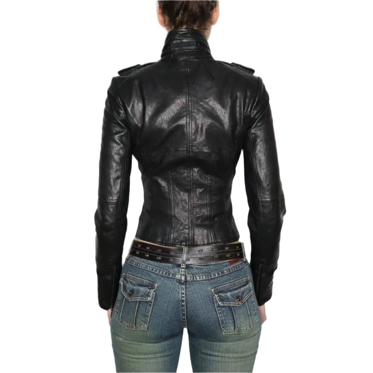 Y2K Sexy Black Leather Moto Jacket (S)