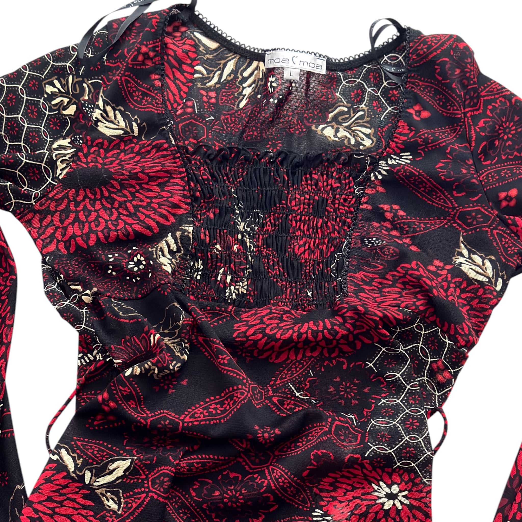 Vtg moa moa mesh bell sleeve tie back (M/L)