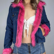 Y2K Faux Fur Trim Denim Jacket (S/M)