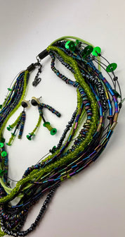 Green Iridescent Beaded Necklace Set