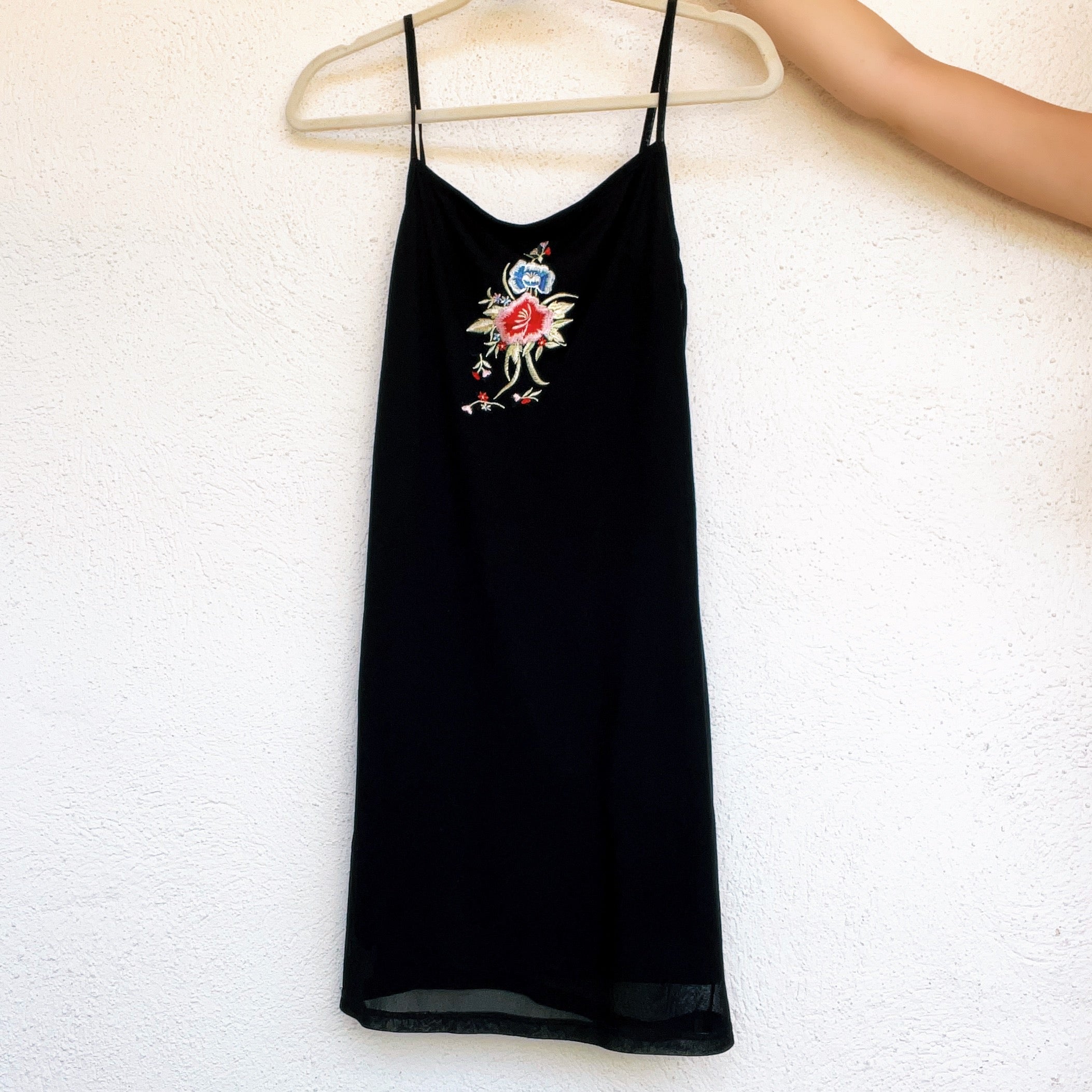 90s Black Embroidered Mini Dress