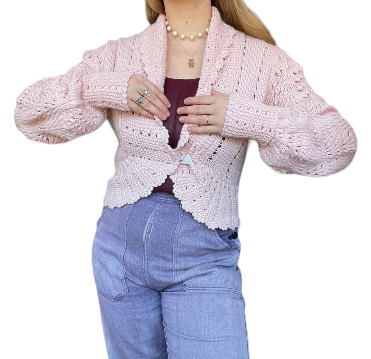 1970s/80s Vintage Dusty Pink Cotton Sweater with Bishop Sleeves (M)