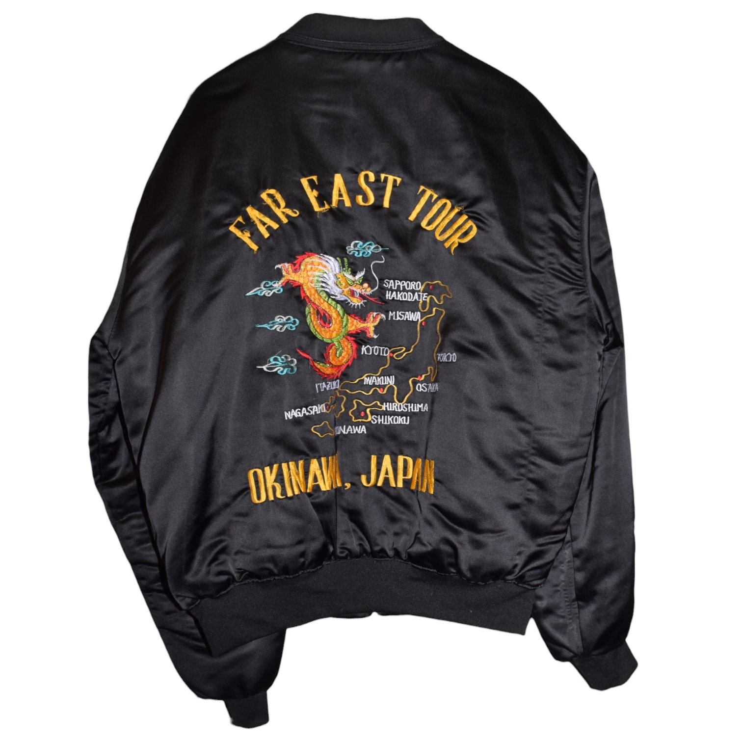 80s Okinawa Japan "Far East Tour" Embroidered Silk Bomber Jacket